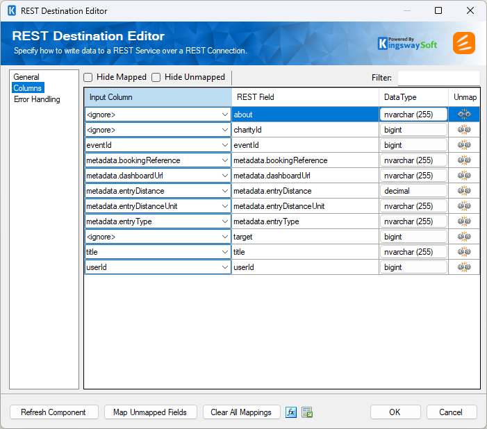 SSIS Enthuse REST Destination - Columns